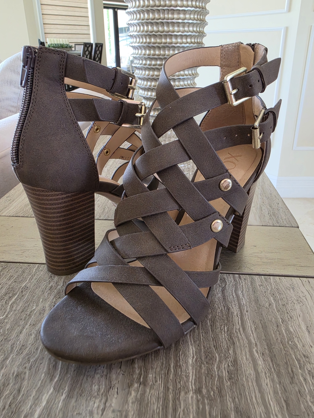 XOXO Taupe Woven Strappy Block Heel Sandals